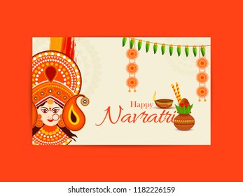 Happy Navratri Card Background With Beautiful Maa Durga Face.