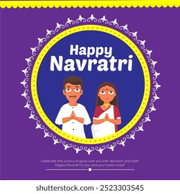 Happy Navratri Celebrate Goods Triumph Over Evil with Devotion Featuring a Divine Mandala and Spiritual Purple and Yellow Colors for Prosperity