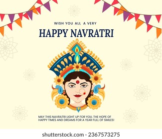 Happy navratri celebration background with face of goddess durga social media post and banner vector illustration