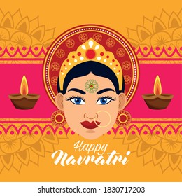 happy navratri celebration card with beautiful goddess and candles frame vector illustration design