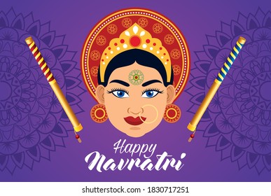 feliz tarjeta de celebración navratri con hermoso diseño de ilustración vectorial de diosa y palos