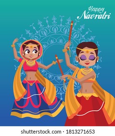 happy navratri celebration card with lettering and woman dancing vector illustration design