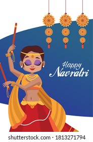 happy navratri celebration card with lettering and woman dancing vector illustration design