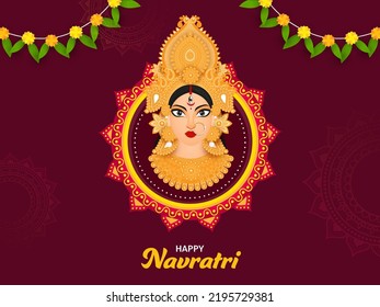 Fröhliches Navratri-Celebration-Konzept mit hinduistischer Mythologie-Göttin Durga Maa Gesicht und floralen Garland (Toran) auf dem glatten Mandala-Musterhintergrund.