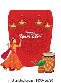 happy navratri celebration with drum and dancer vector illustration design