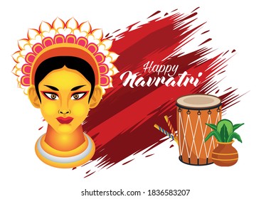 happy navratri celebration with goddess amba and drum vector illustration design