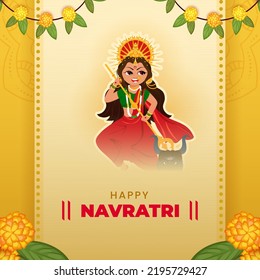 Happy Navratri Celebration Greeting Card With Sticker Style Goddess Durga Maa Killing Mahishasura Demon And Marigold Flowers, Mango Leaves On Yellow Background.