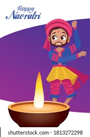 happy navratri celebration lettering with man dancing vector illustration design