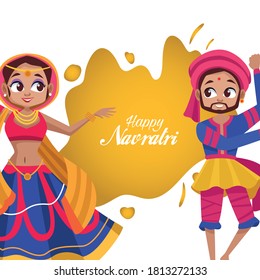 happy navratri celebration lettering with woman dancing and man playing drum vector illustration design