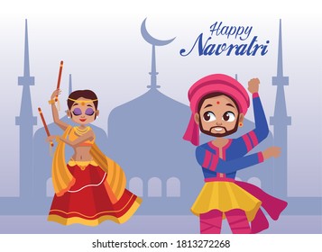happy navratri celebration lettering with woman dancing and man playing drum vector illustration design