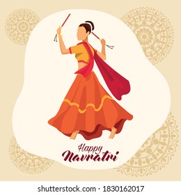 happy navratri celebration with woman dancer vector illustration design