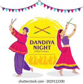 Happy Navratri, couple dandiya night vector illustration 