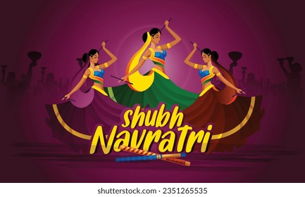 Feliz Navratri, pareja jugando Garba y Dandiya en la celebración de Navratri y noche disco