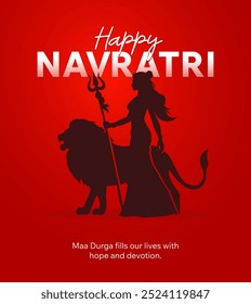 Happy Navratri creative concept of Durga maa standing with lion. Vector Illustration for Posters, Flyers, Social Media, Invitations, Backgrounds, Greeting Cards, Religious Art, Spiritual Decor