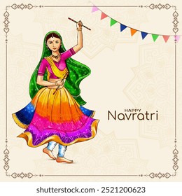 Feliz navratri dandiya garba fundo da noite com dança vetor senhora