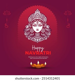 Happy Navratri Festival Background Design with Goddess Durga Face Illustration