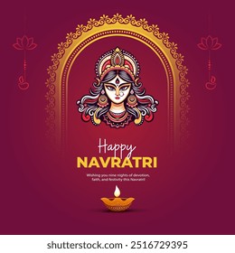 Happy Navratri Festival Background Design with Goddess Durga Face Illustration