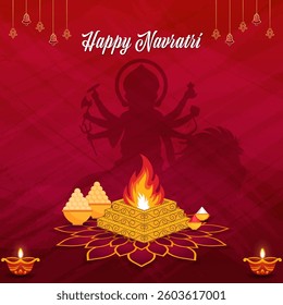 Happy Navratri festival background with Goddess Durga silhouette, sacred fire, diya lamps, and offerings.
