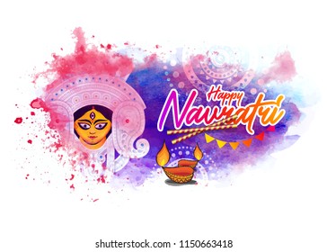 Happy Navratri Festival Background Template Design with Colorful Watercolor Background and Goddess Durga Face Vector Illustration