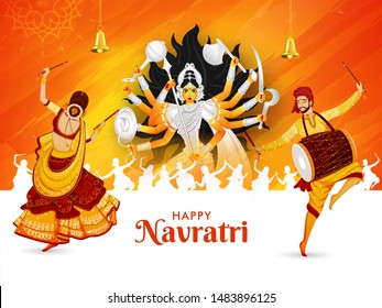 Happy Navratri festival celebration poster or banner design, illustration of Goddess Durga Maa, woman dancing with dandiya stick and drummer man (Dholak).