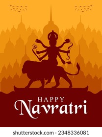 Happy Navratri festival celebration poster or banner design, Goddess Durga Maa silhouette illustration vector.