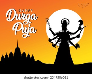 Happy Navratri festival celebration poster or banner design, Goddess Durga Maa silhouette illustration vector.