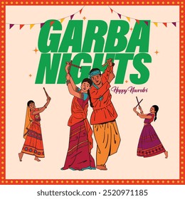 Feliz Navratri, cartaz Garba Nights, design de banner de mídia social com pessoas dançando dandiya dance ilustração vetorial  