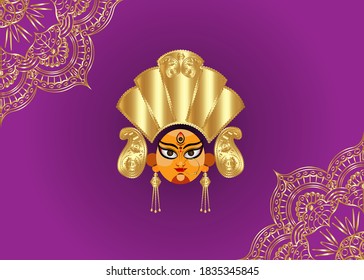 Feliz Navratri, diosa Durga Face en Feliz Durga Puja Subh Navratri Banner de cabecera religiosa india con mandato dorado de lujo. Vector aislado en fondo morado