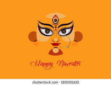 Happy Navratri, Goddess Durga Face in Happy Durga Puja Subh Navratri Indian religious header banner background with luxury golden earring. Vector isolated on orange background