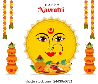 Happy Navratri goddness durga face with puja plate poster for Navratri Dussehra festival of India	
