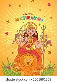 Happy Navratri greetings, Festive design Template with illustration of Goddess Durga. Colourful Navratri Greetings design. Vector illustration.