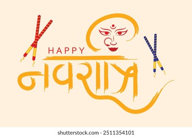 Feliz navratri hindi caligrafia com maa Durga retrato e dandiya varas design. Hindi texto navratri inglês significado Nove noites