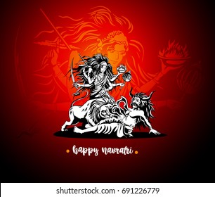 Happy navratri icon, godess, good win over sin, red background, line, lord, puja, fast, celebration, vector illustration