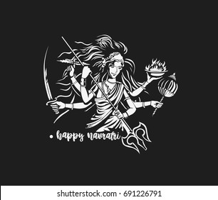 Happy navratri icon, godess, good win over sin, black background, line, lord, puja, fast, celebration, vector illustration
