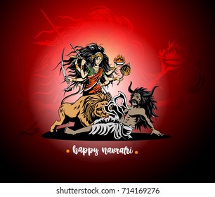Happy navratri icon, worship of goddess, long hair, equipments in hands, sitting on lion, vector illustration