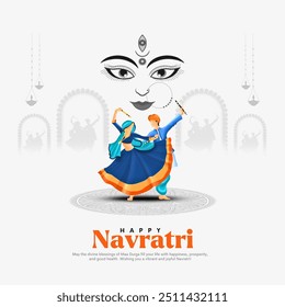 Happy Navratri, illustration of couple dancing for Garba Night and dandiya dance party celebration poster or banner design.