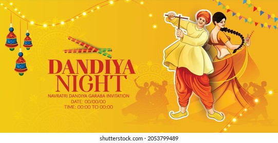 Happy Navratri Illustration Of Couple Playing Dandiya Navratri Festival, Garba Night Banner Poster With Background