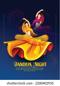 Happy Navratri, illustration of couple playing Dandiya in disco Garba Night banner poster for Navratri Dussehra festival of India svg