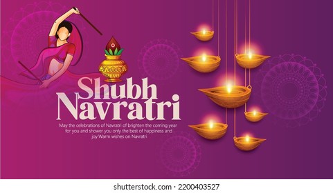 Happy Navratri, illustration of couple playing Dandiya in disco Garba Night banner poster for Navratri Dussehra festival of India