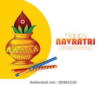 Happy Navratri Illustration Of Goddess Durga And Kalash, Dandiya Sticks