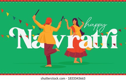 Happy Navratri Illustration of woman and man playing Dandiya in Garba Night poster background