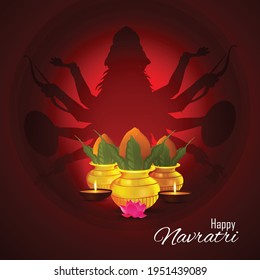 Happy navratri indian festival celebration greeting card with kalash