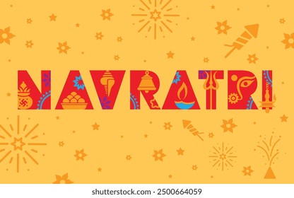 Fröhliche Navratri, Logo Design oder Unit Design mit festlichen Designelementen. Farbenfrohe Navratri Grüße Design. Vektorgrafik.