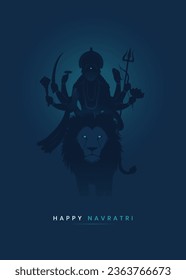 Happy Navratri Minimal Durga Maa Poster, Goddess Durga sitting on Lion, Minimal Poster for Durga Puja, Navami, Dusshera, Garba - Vector