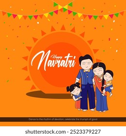 Happy Navratri is prominently displayed at the top  There is a cartoon-style depiction of a family in traditional Indian attire The background is a bright orange color with triangular bunting or flag 