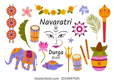 Happy Navratri set icons. Colorful flat-style elements for an Indian festival on a white background