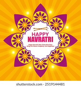  HAPPY NAVRATRI
Subheadline May These Nine Days Bring You Peace Prosperity and Happiness Two traditional Indian sticks placed vertically inside the frame A yellow background with radiating lines