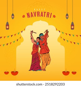 Texto navratri feliz com casal Gujarathi tocando Dandiya dança vetor ilustração, Garba cartaz da noite para o festival Navratri Dussehra da Índia.