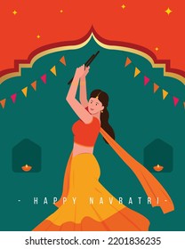 Happy Navratri Text And Illustration Of Girl Playing Dandiya In Garba Night Poster For Navratri Festival Of India