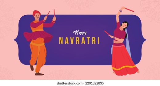 Happy Navratri Text with vector illustration of woman and Man playing Dandiya dance, Garba night poster for Navratri Dussehra festival of India. 